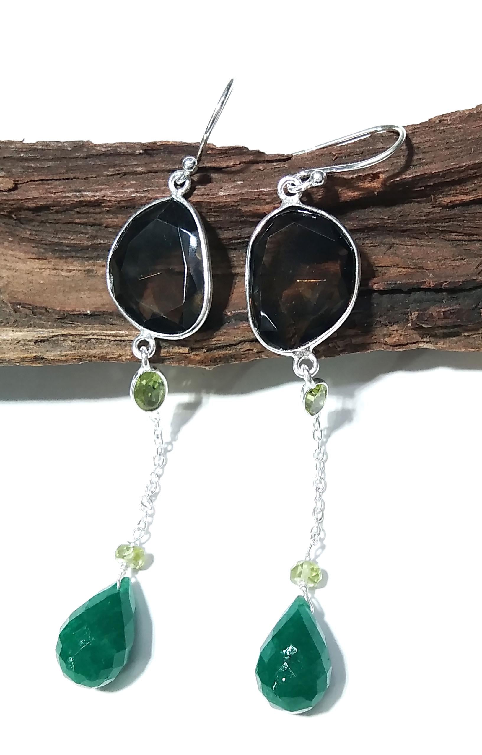 Solid 925 Starling Silver Earrings, Natural Green Jade, Peridot & Smoky Quartz Gemstone Earring, Handmade Earring Jewelry Gift For Women